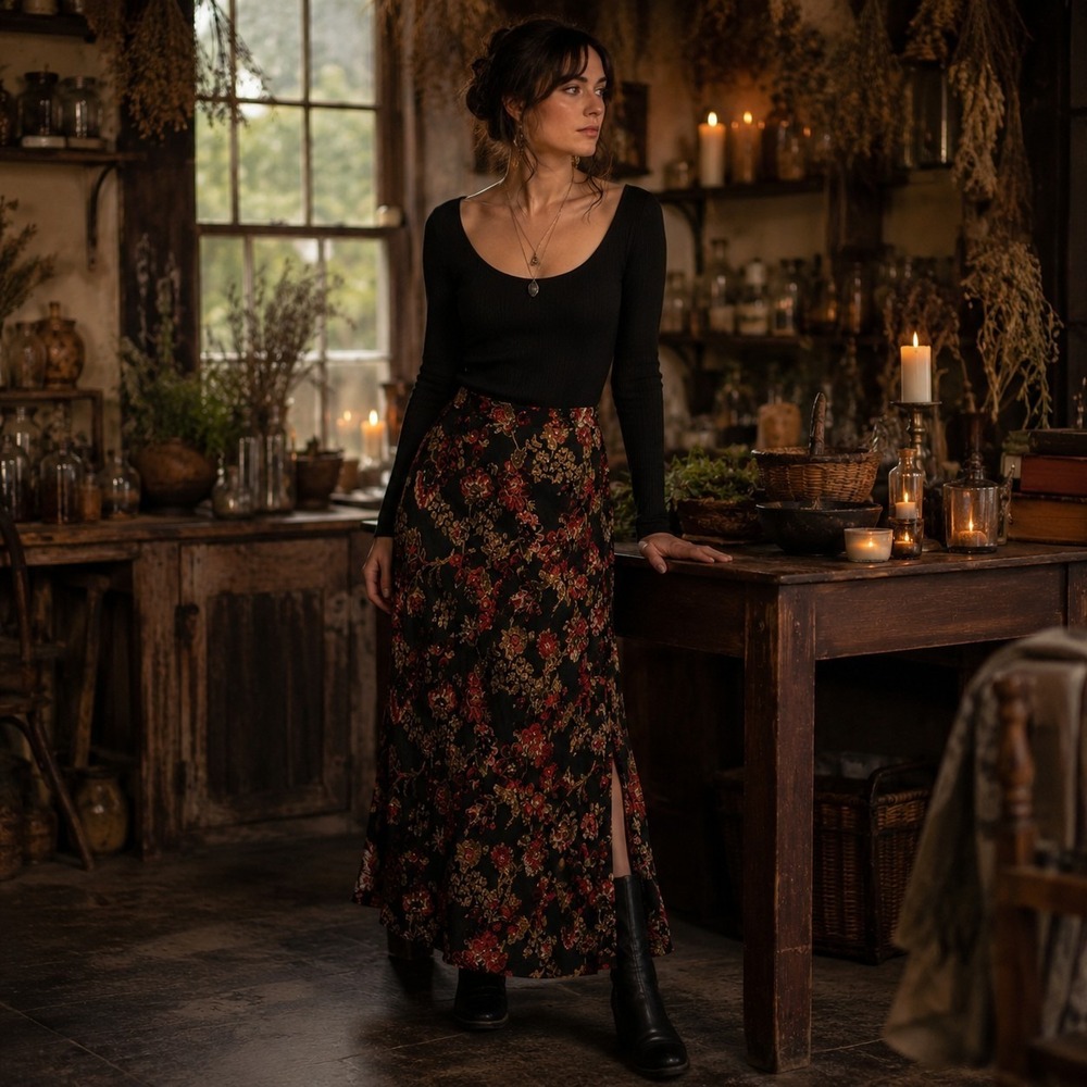 Mirasol Maxi Skirt L Black Gold Red Floral Boho Romatic Witchy Practical Magic